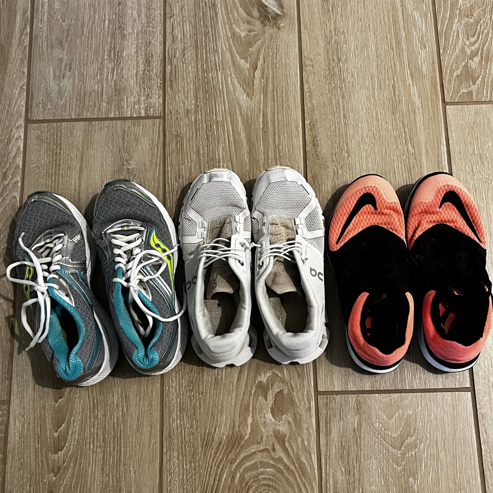 Three (3) pairs very well-loved gym shoes | On Cloud, Nike, Saucony | Size 7.5
